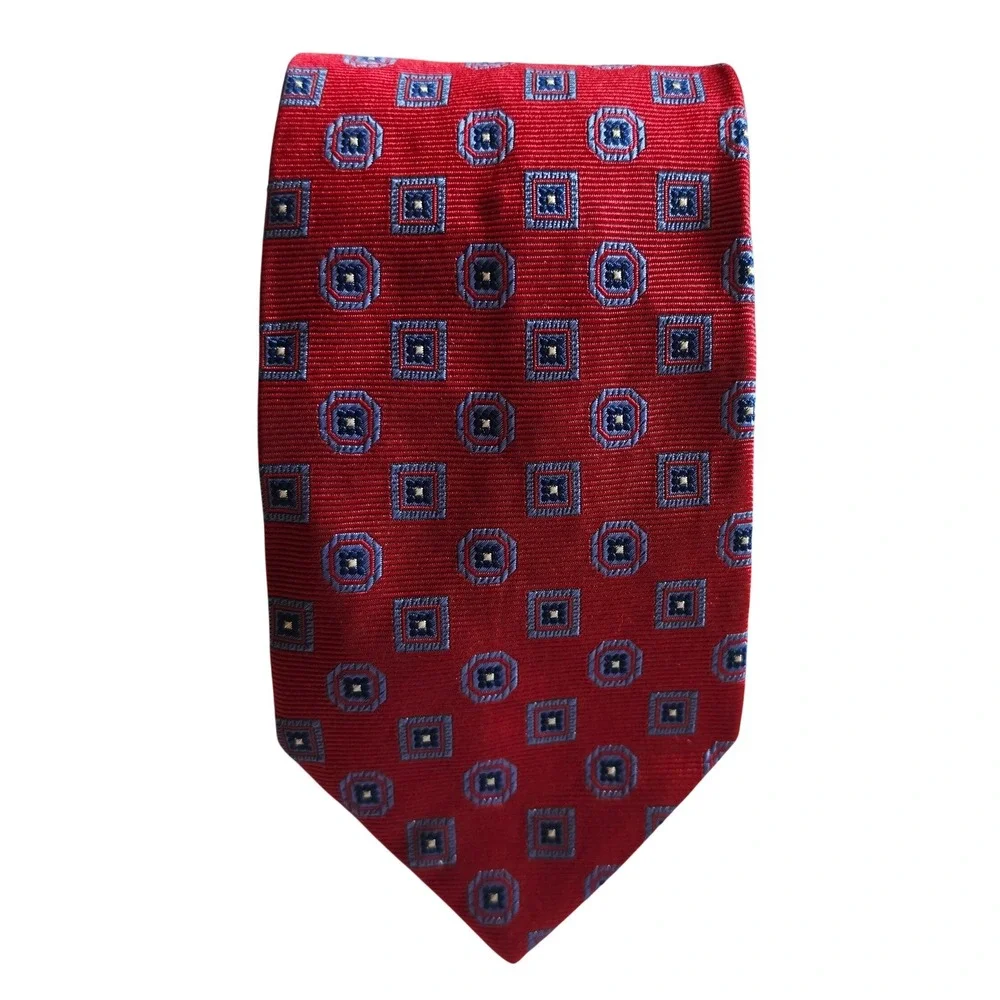 Brooks Brothers Silk Tie Mens OS Red Blue Geometric Medallion Made in USA